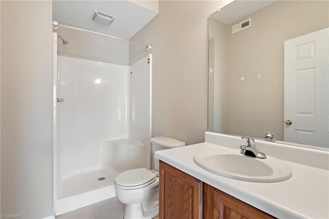 full bath featuring toilet, visible vents, a shower, and vanity