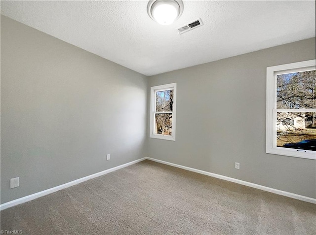 unfurnished room with a textured ceiling and carpet