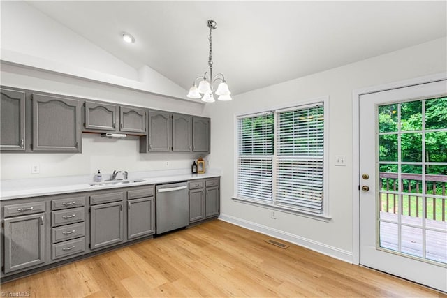 162 N Hazelwood Dr, Mocksville, NC 27028 - kitchen with dishwasher, gray cabinetry, a chandelier, vaulted ceiling, and light countertops