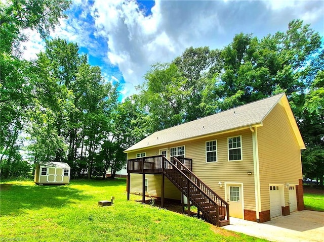 162 N Hazelwood Dr, Mocksville, NC 27028 - back of house featuring stairway, a storage shed, a garage, a deck, and a lawn