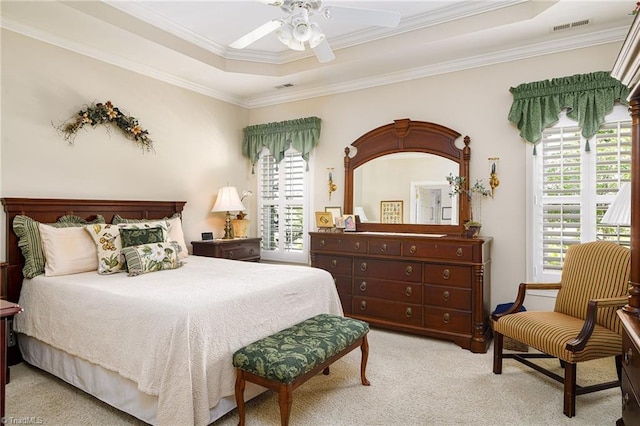 129 Turnbuckle Ct, Clemmons, NC 27012 - carpeted bedroom with a raised ceiling, crown molding, and a ceiling fan