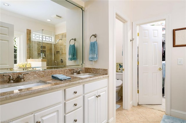 129 Turnbuckle Ct, Clemmons, NC 27012 - full bath with a stall shower, double vanity, crown molding, and tile patterned floors