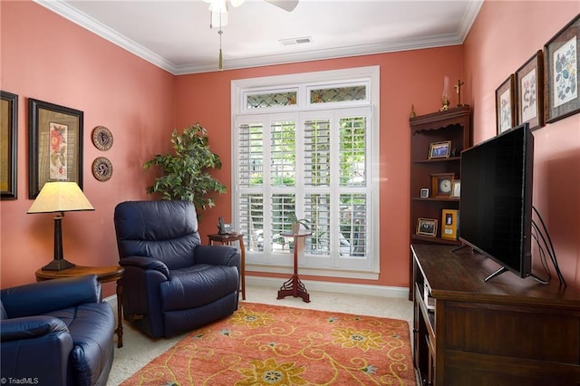 129 Turnbuckle Ct, Clemmons, NC 27012 - sitting room featuring light carpet, ornamental molding, and a ceiling fan
