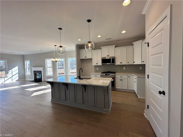 308 Grandworth Way, King, NC 27021 - kitchen featuring stainless steel appliances, a sink, crown molding, dark wood-style floors, and open floor plan