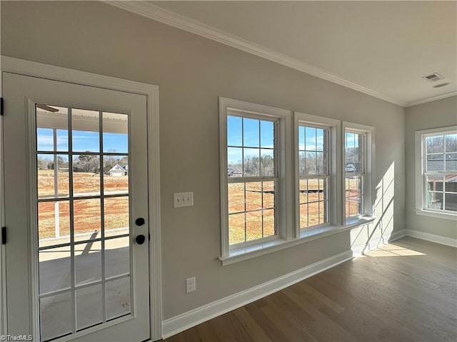 308 Grandworth Way, King, NC 27021 - doorway to outside with baseboards, wood finished floors, and crown molding