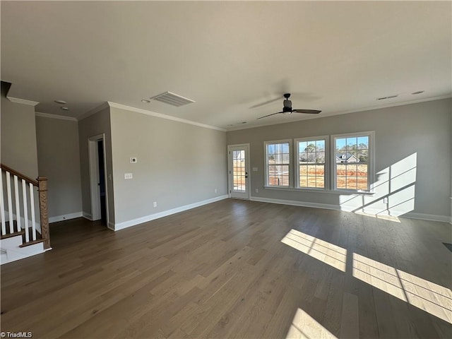 308 Grandworth Way, King, NC 27021 - spare room with ceiling fan, stairs, dark wood-style flooring, baseboards, and crown molding