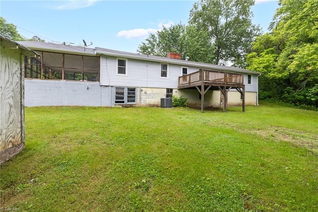 1198 Red Bank Rd, Germanton, NC 27019 - back of property featuring a deck, a yard, cooling unit, and a sunroom