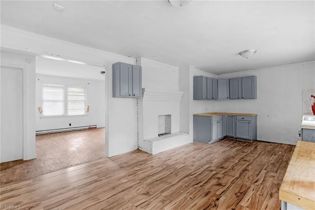 1198 Red Bank Rd, Germanton, NC 27019 - kitchen featuring gray cabinets, light wood-style flooring, baseboard heating, and a brick fireplace
