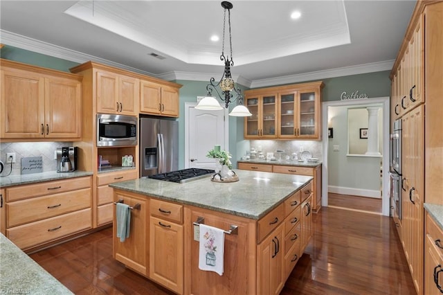 kitchen featuring a center island, stainless steel appliances, dark hardwood / wood-style floors, and a tray ceiling