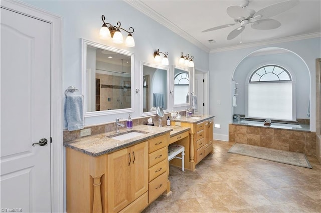 bathroom featuring vanity, a wealth of natural light, an enclosed shower, and ceiling fan