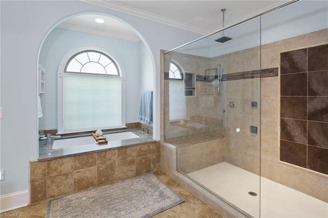 bathroom featuring ornamental molding, separate shower and tub, and tile patterned floors