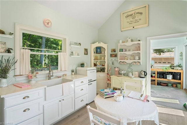 rec room with a healthy amount of sunlight, sink, high vaulted ceiling, and light hardwood / wood-style floors