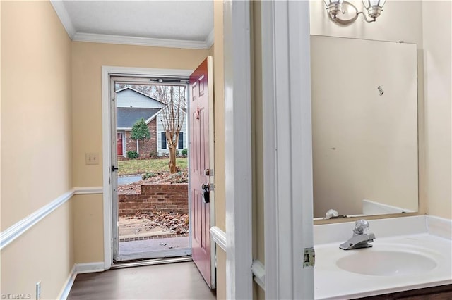 doorway featuring ornamental molding and sink