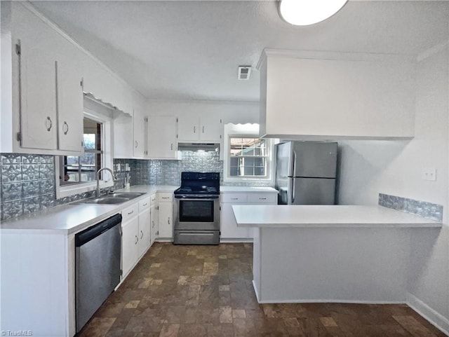 kitchen featuring a sink, under cabinet range hood, tasteful backsplash, appliances with stainless steel finishes, and a peninsula