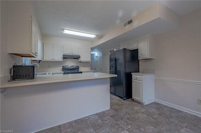 kitchen featuring white cabinetry, kitchen peninsula, sink, and black appliances