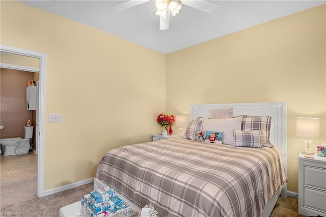 bedroom featuring light colored carpet and ceiling fan