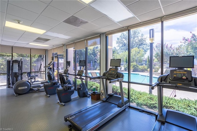 workout area featuring a drop ceiling, a wall of windows, and a healthy amount of sunlight