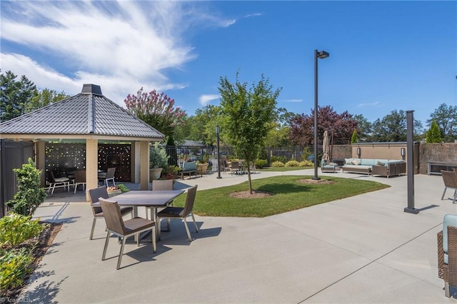 surrounding community with an outdoor hangout area, a patio, and a gazebo