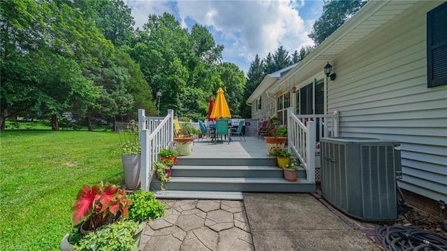 2205 Sedgemont Dr, Winston-Salem, NC 27103 - wooden terrace with outdoor dining space and a yard