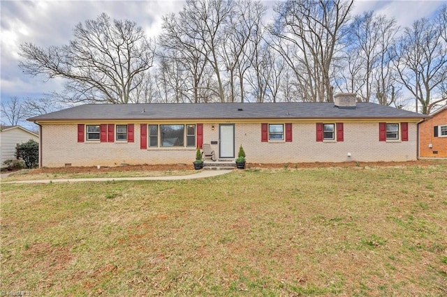 single story home featuring a front yard, a chimney, brick siding, and crawl space