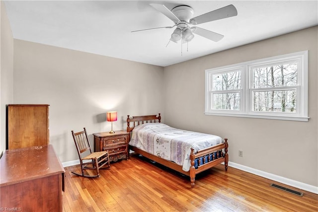 bedroom with visible vents, ceiling fan, light wood-type flooring, and baseboards