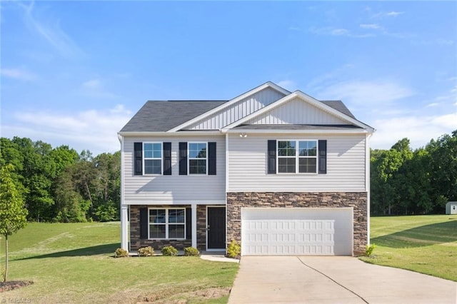 craftsman house with stone siding, board and batten siding, driveway, and a front yard