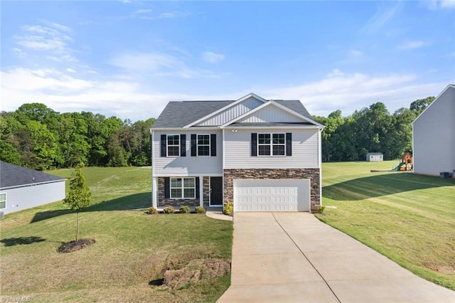 craftsman-style home with concrete driveway, stone siding, a front yard, and board and batten siding