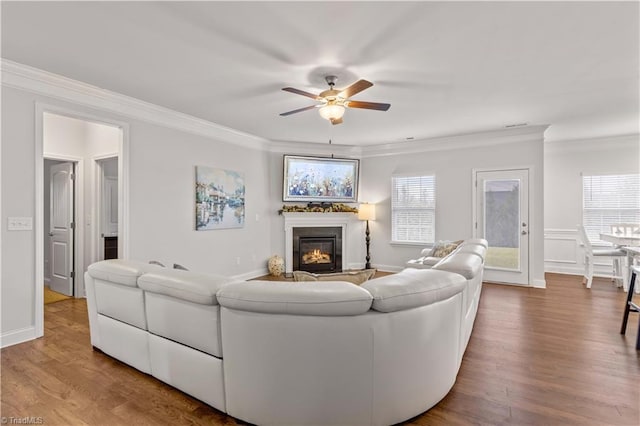 living room with ceiling fan, wood-type flooring, and crown molding