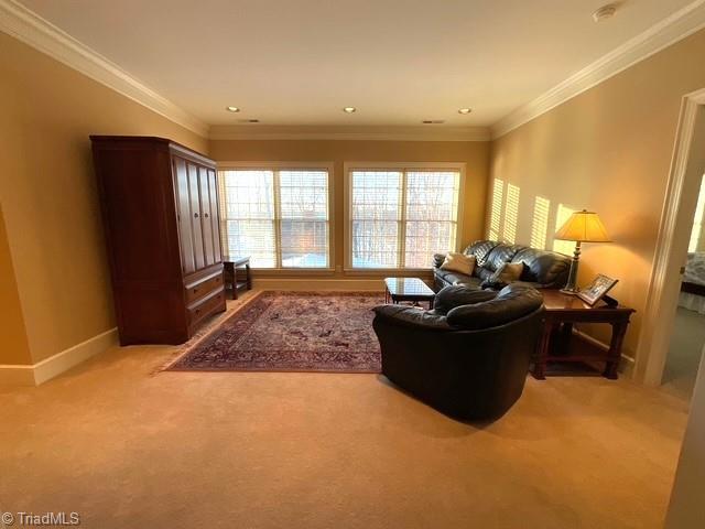 carpeted living room featuring crown molding