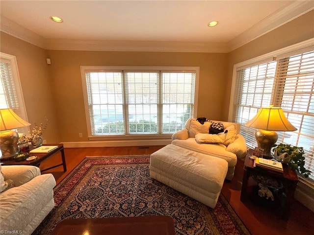 living area featuring wood-type flooring and ornamental molding