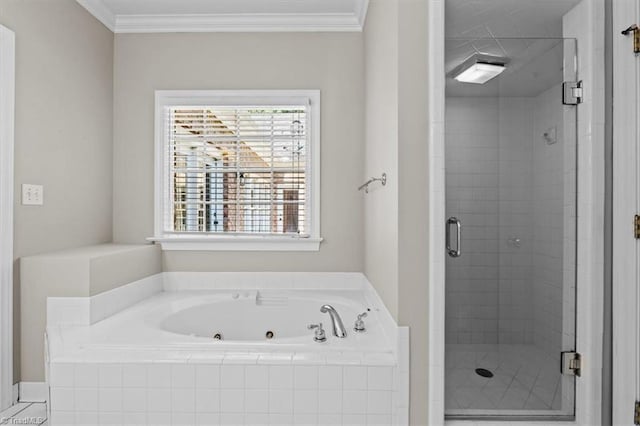 920 James Doak Pkwy, Greensboro, NC 27455 - full bathroom featuring a shower stall, a jetted tub, and ornamental molding