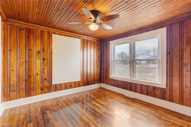 spare room featuring wood-type flooring, wood walls, baseboards, wood ceiling, and ceiling fan