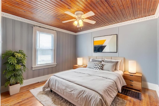 bedroom with wood ceiling, wood finished floors, and baseboards