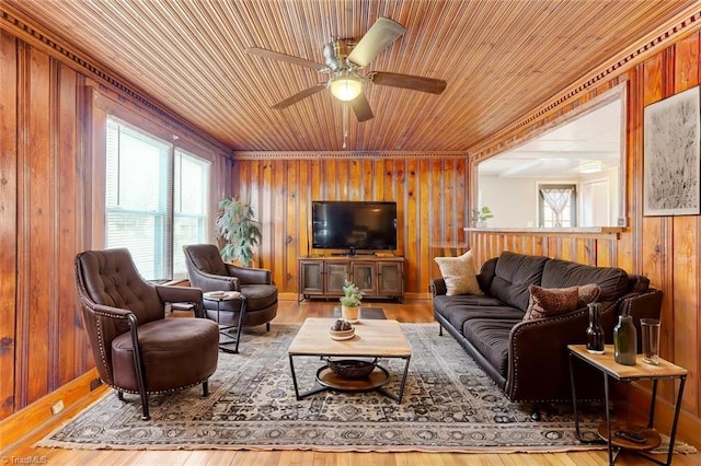 living room with wooden walls, wood ceiling, and wood finished floors