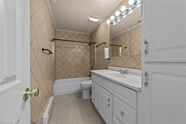 131 Springdale Dr, Stoneville, NC 27048 - bathroom with crown molding, tile patterned flooring, vanity, toilet, and a baseboard heating unit