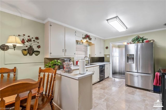 kitchen with white cabinetry, black dishwasher, sink, stainless steel fridge, and crown molding