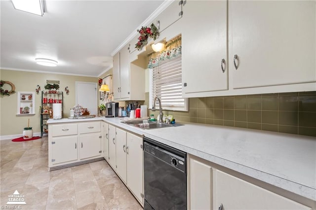 kitchen with sink, white cabinetry, crown molding, black dishwasher, and decorative backsplash