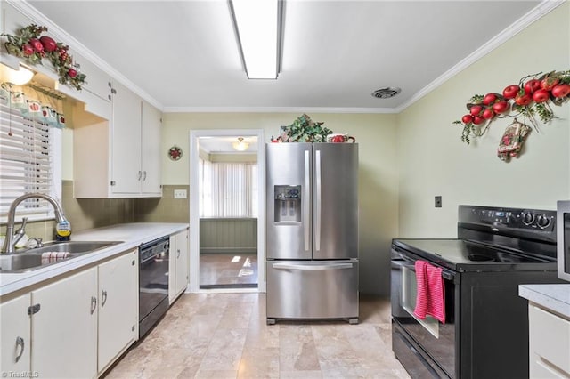 kitchen with white cabinetry, crown molding, sink, and black appliances