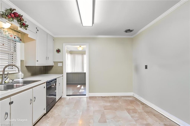 kitchen with tasteful backsplash, white cabinetry, dishwasher, sink, and ornamental molding