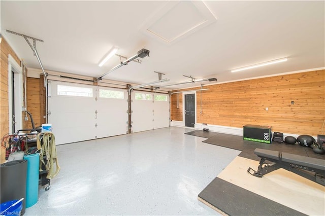 garage with wood walls