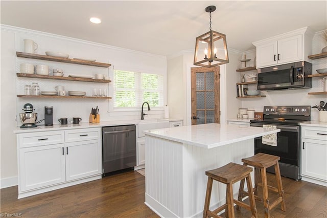 kitchen with open shelves, appliances with stainless steel finishes, dark wood-style floors, a sink, and white cabinetry