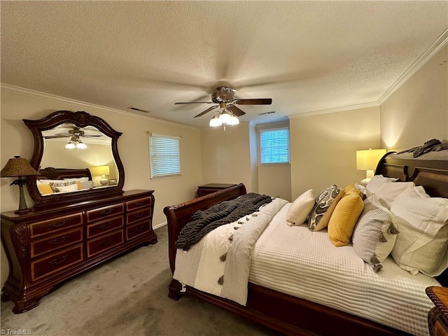 3501 River Ridge Rd, Pfafftown, NC 27040 - bedroom featuring carpet flooring, ceiling fan, a textured ceiling, and ornamental molding