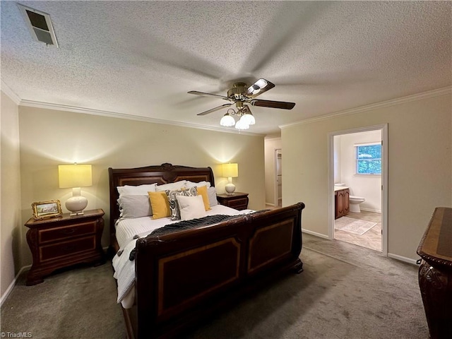3501 River Ridge Rd, Pfafftown, NC 27040 - carpeted bedroom featuring ornamental molding, ensuite bath, a textured ceiling, ceiling fan, and baseboards