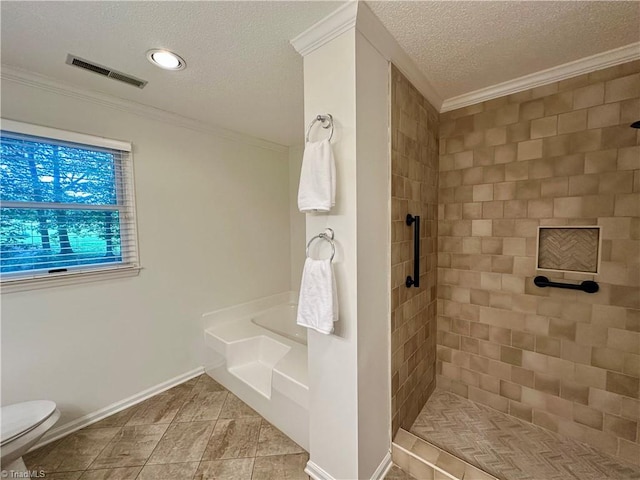 3501 River Ridge Rd, Pfafftown, NC 27040 - full bath featuring crown molding, a textured ceiling, a bath, toilet, and a tile shower