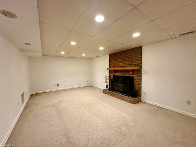 3501 River Ridge Rd, Pfafftown, NC 27040 - unfurnished living room with carpet, recessed lighting, baseboards, a paneled ceiling, and a brick fireplace