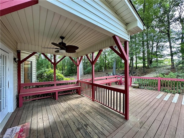 3501 River Ridge Rd, Pfafftown, NC 27040 - wooden terrace featuring ceiling fan and view of wooded area