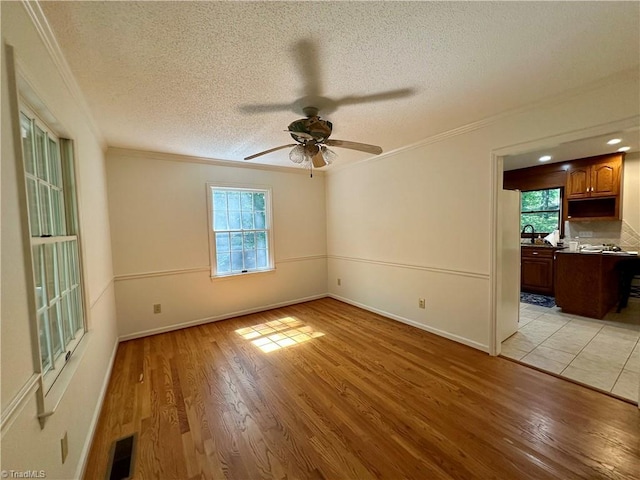 3501 River Ridge Rd, Pfafftown, NC 27040 - spare room featuring crown molding, ceiling fan, a textured ceiling, plenty of natural light, and a sink