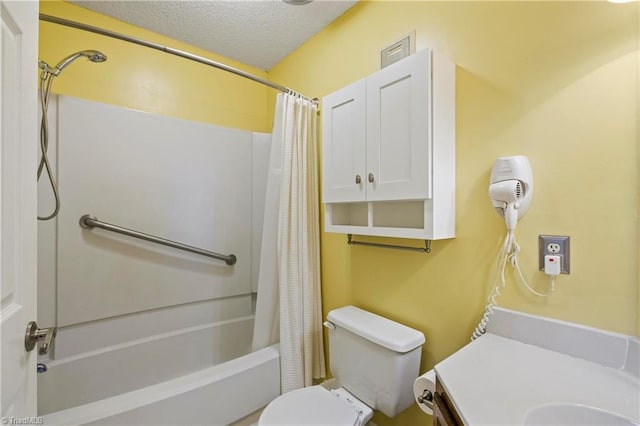 full bathroom with toilet, vanity, shower / bath combination with curtain, and a textured ceiling