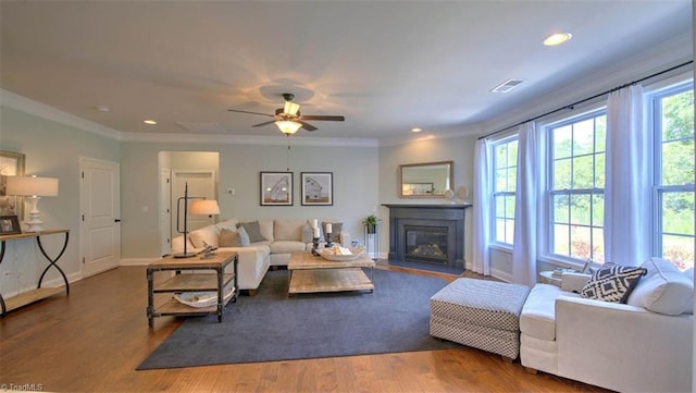 living room with ceiling fan, dark hardwood / wood-style floors, and crown molding