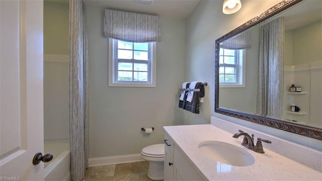 full bathroom featuring tile patterned floors, vanity, shower / tub combo with curtain, and toilet